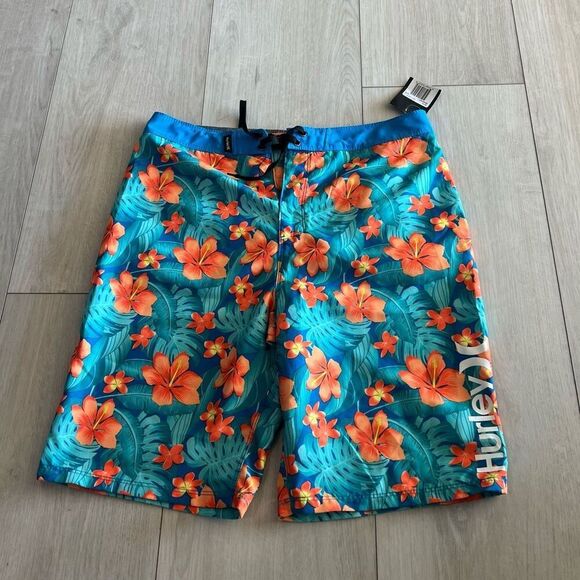 Hurley Phantom Board Shorts Boy's size 18/29 Turquoise Tropical Floral Hibiscus - Picture 1 of 7
